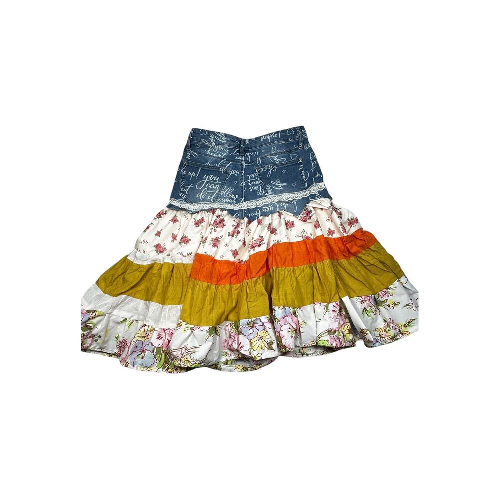 High Rise Size 10 Upcycled Denim Floral Tiered Boho Maxi Skirt Lace OOAK - Picture 8 of 10